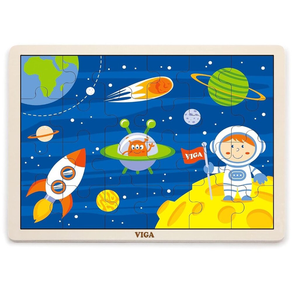 VIGA 24 Pcs Flat Wooden Puzzle w/Tray -Space Travel New Sealed For Age 2+